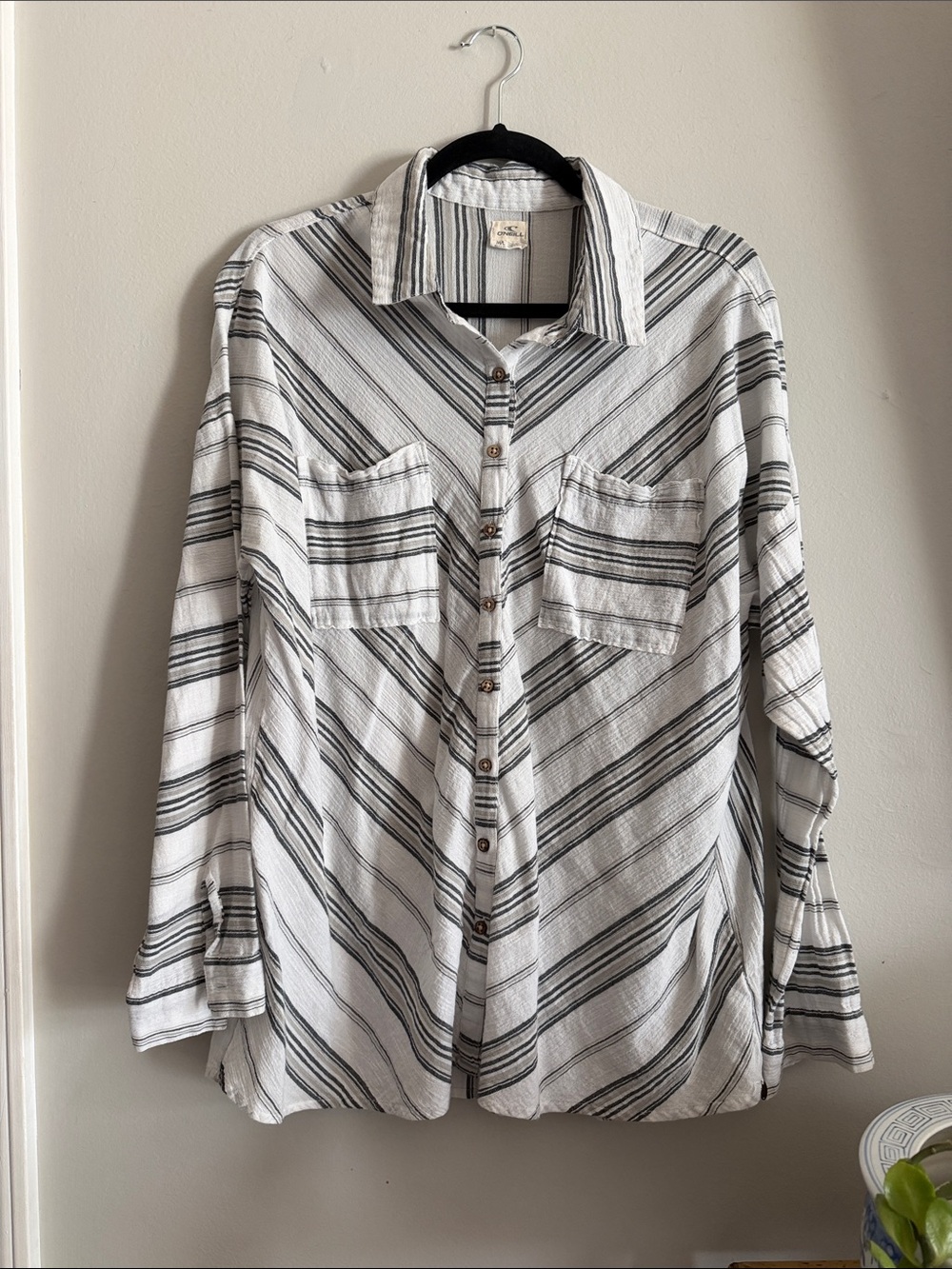 Striped Button-Up Shirt - White with Black Stripes